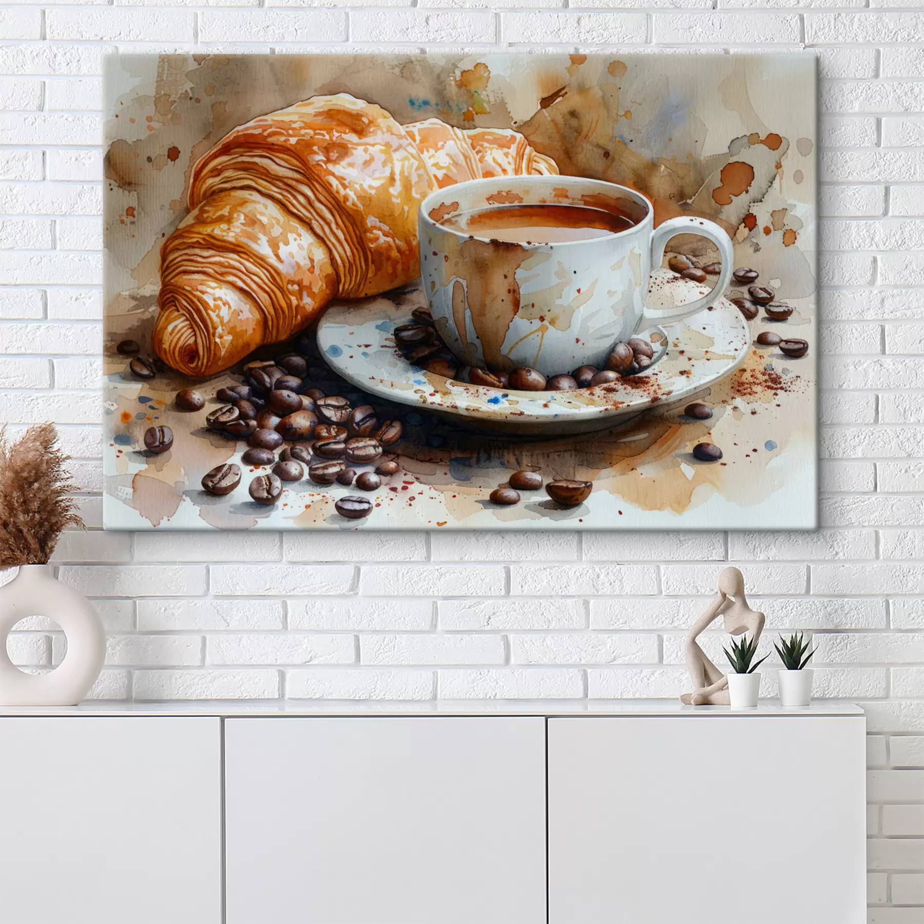 murales Croissant, mañana, croissant y taza de café, acuarela s40782
