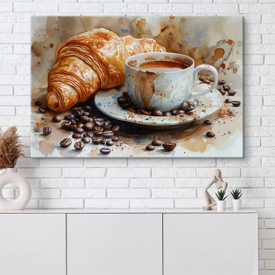 murales Croissant, mañana, croissant y taza de café, acuarela s40782
