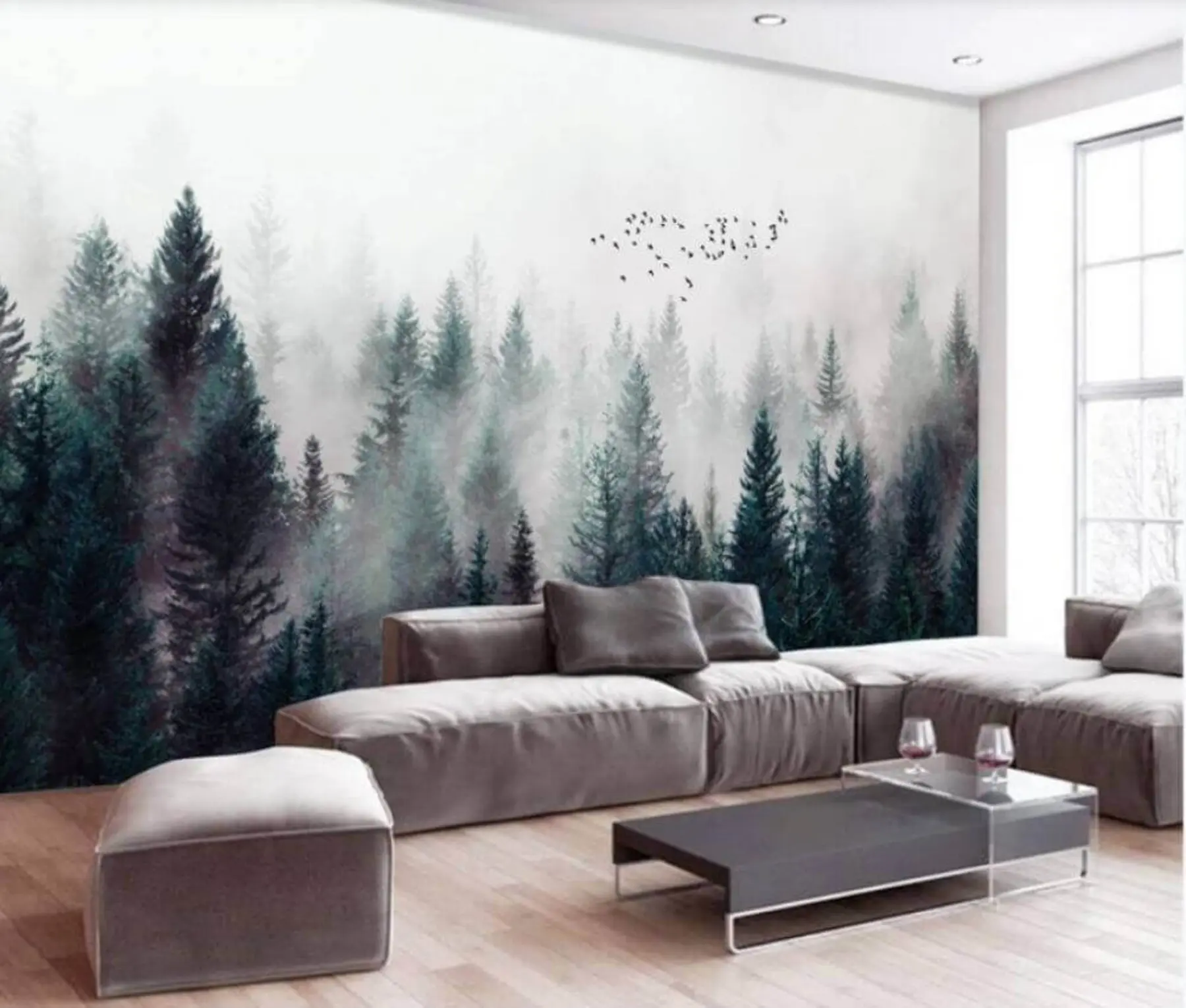 wall murals Flying birds over the misty forest u28636