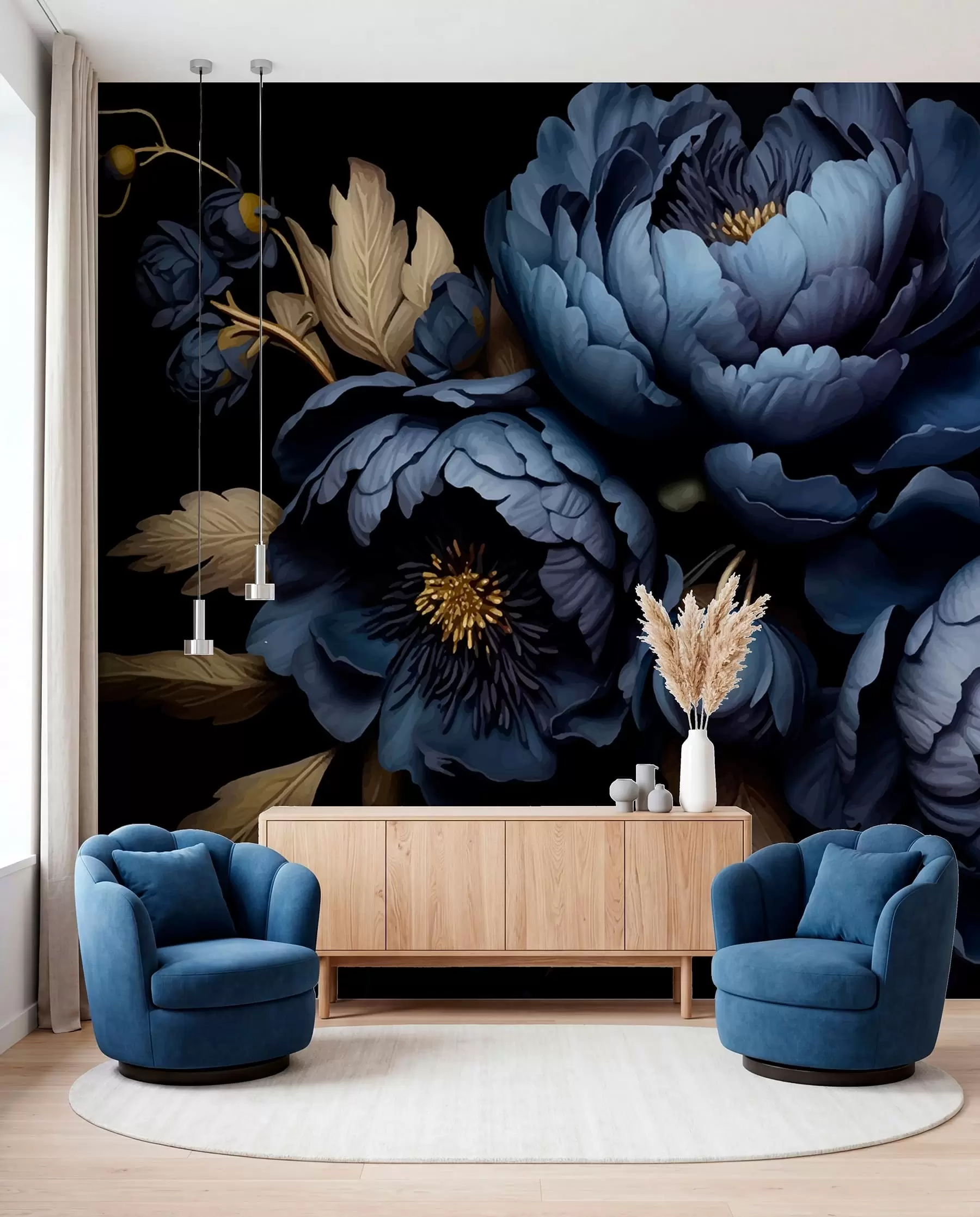 peintures murales Jardin de pivoines bleu nuit w01131