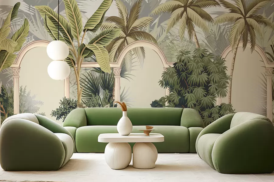murales Arcos con paisaje tropical, exuberantes palmeras y otros follajes sobre un fondo claro w08306