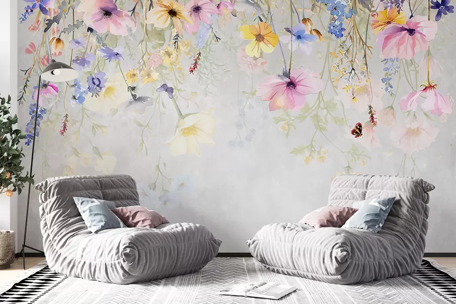 murales Flores de colores con flores rosas, amarillas y azules que cuelgan de la parte superior sobre fondo gris texturizado w08309