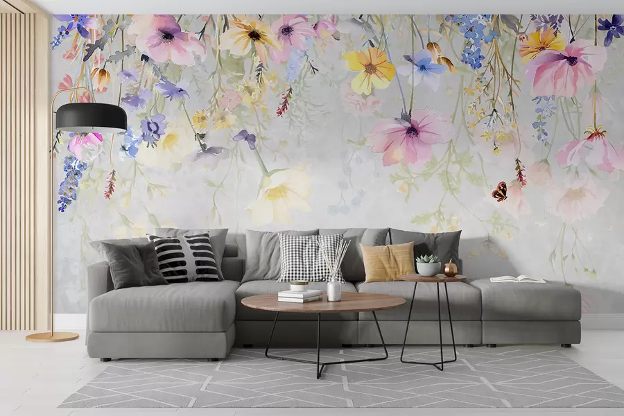 Wall Mural Photo Wallpaper Colorful florals with pink, yellow, and blue flowers hanging from the top on textured gray background w08309