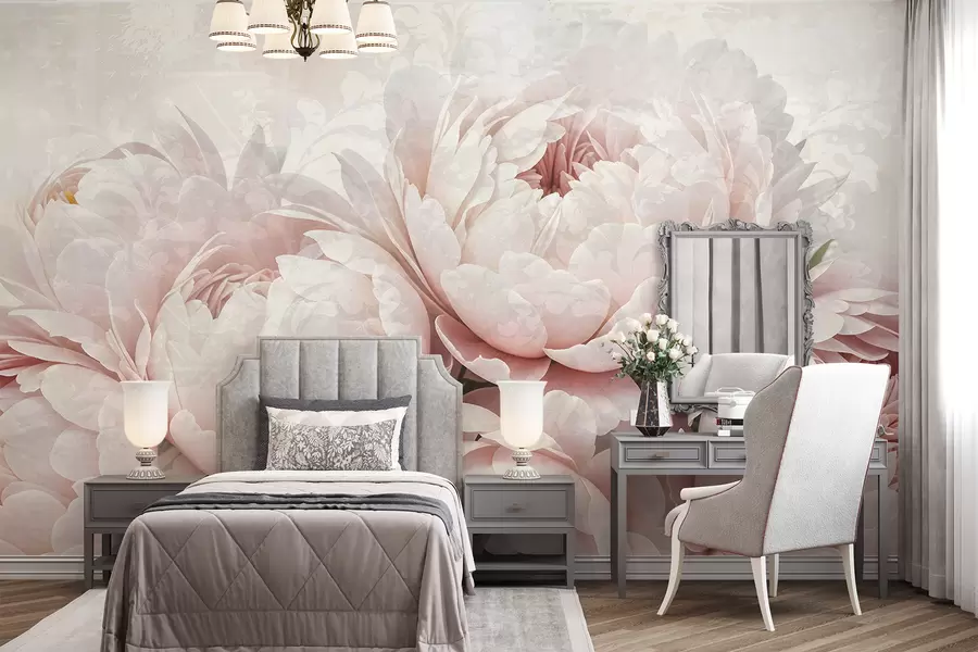 murales Peonías de color rosa suave con delicados pétalos sobre un fondo vintage de textura ligera w08312