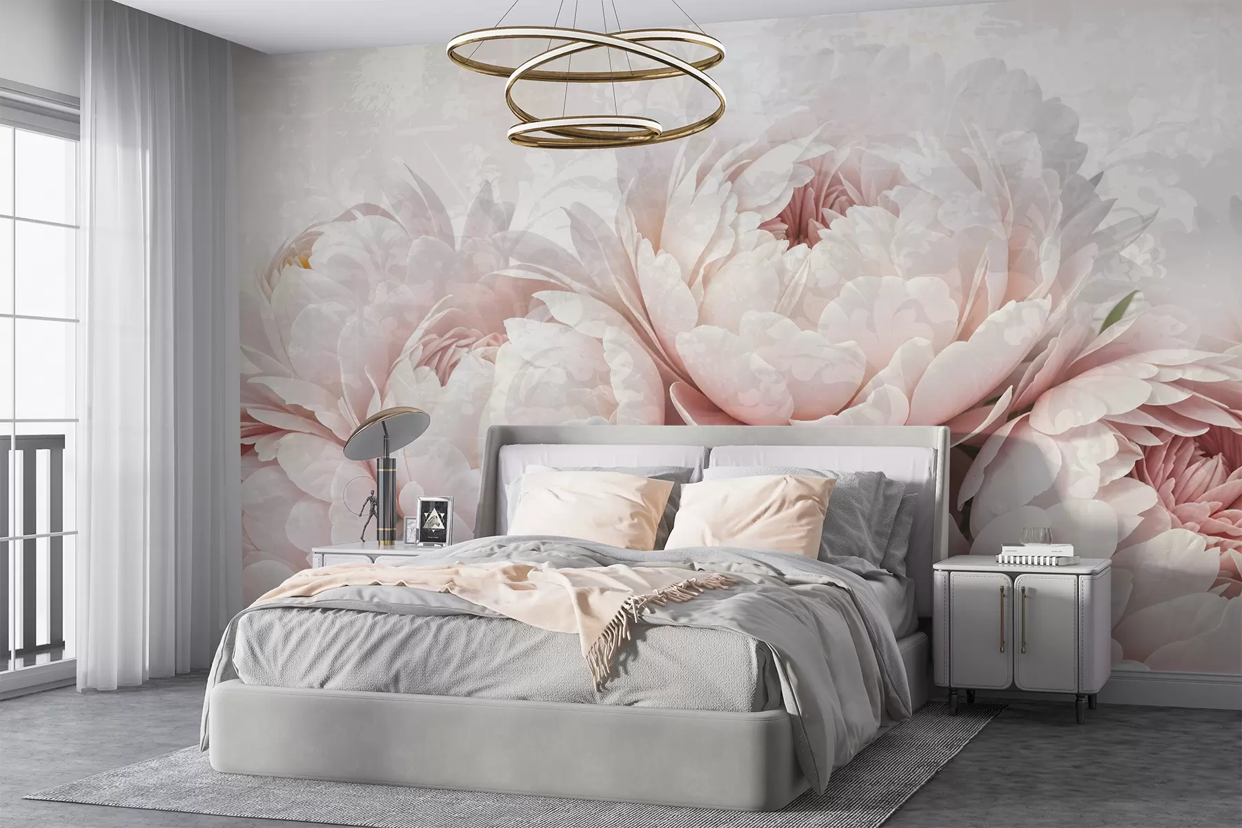 Wall Mural Photo Wallpaper Soft pink peonies with delicate petals against a light textured vintage background w08312
