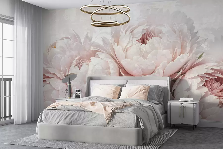 murales Peonías de color rosa suave con delicados pétalos sobre un fondo vintage de textura ligera w08312