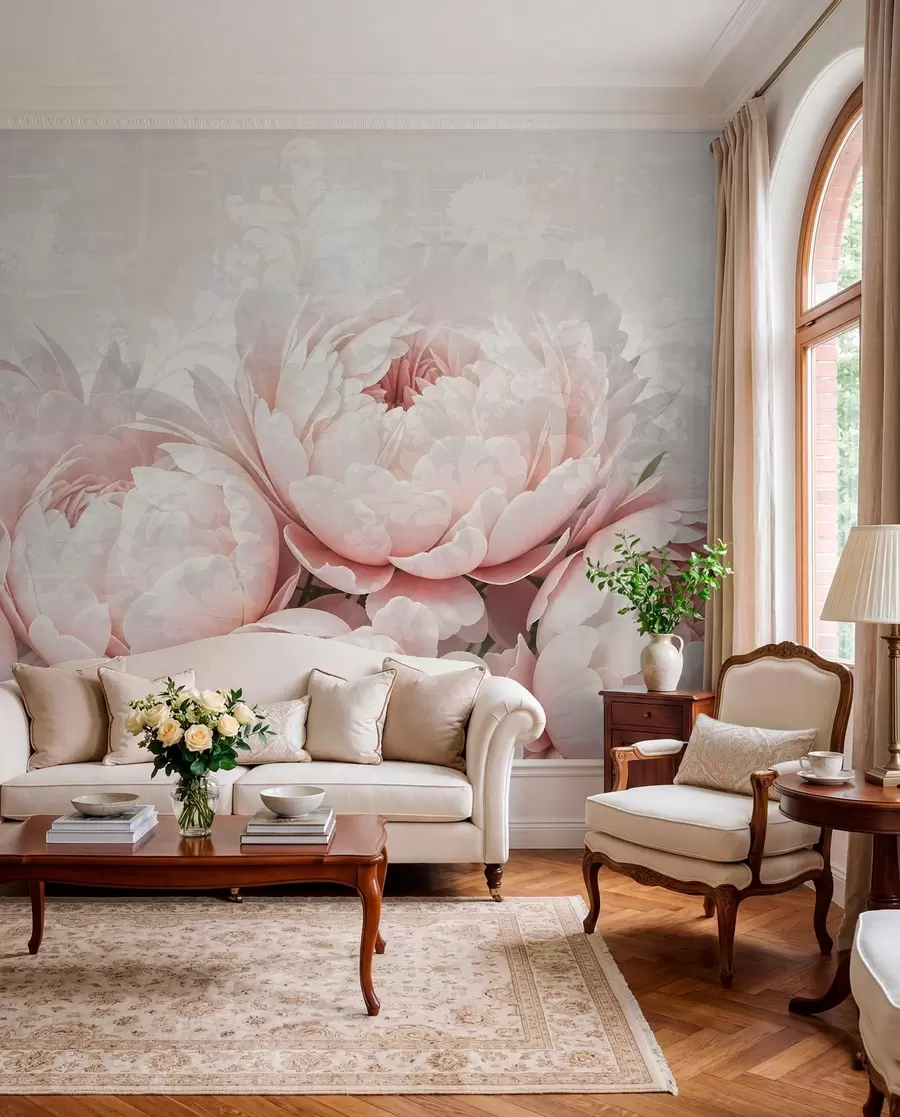 murales Peonías de color rosa suave con delicados pétalos sobre un fondo vintage de textura ligera w08312