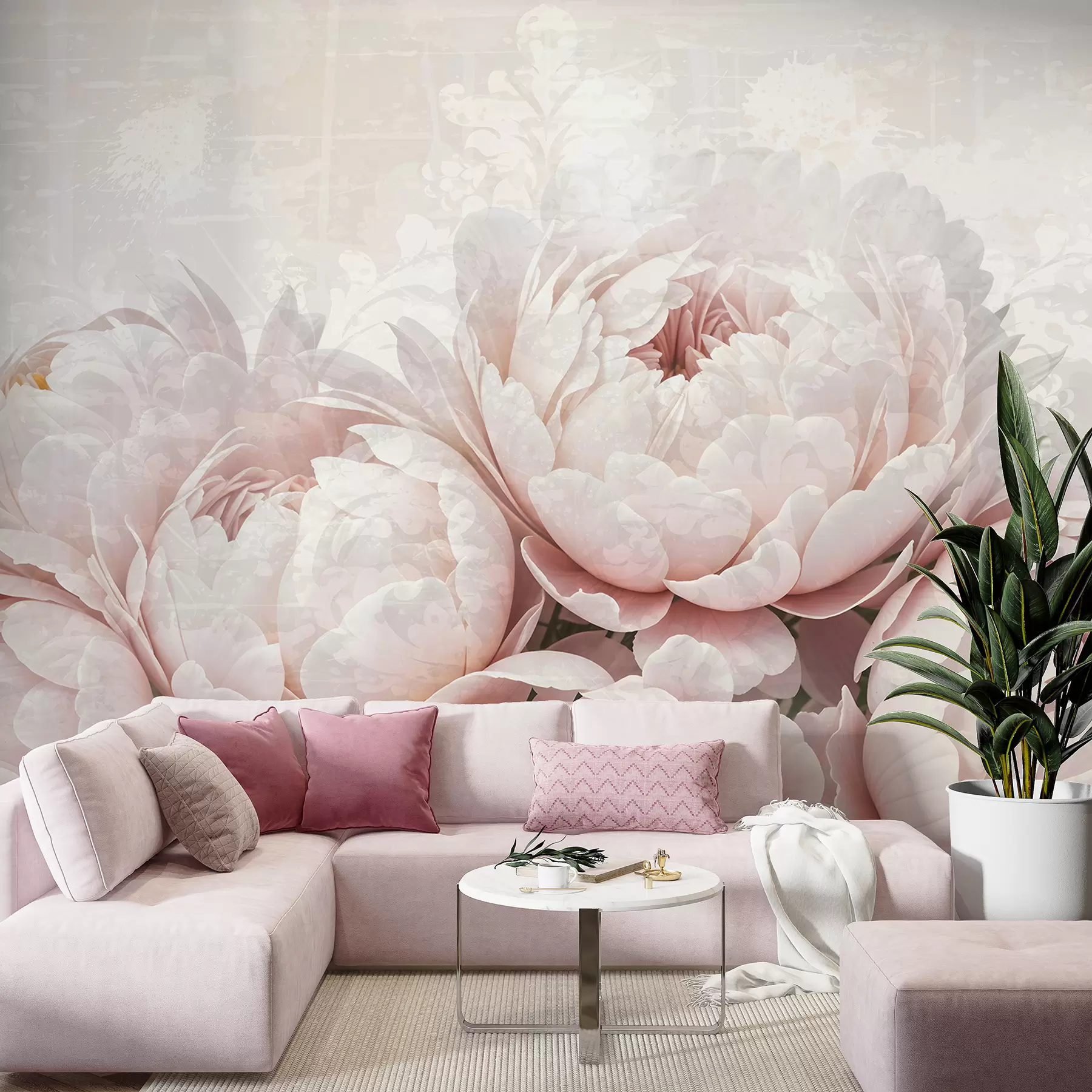 murales Peonías de color rosa suave con delicados pétalos sobre un fondo vintage de textura ligera w08312