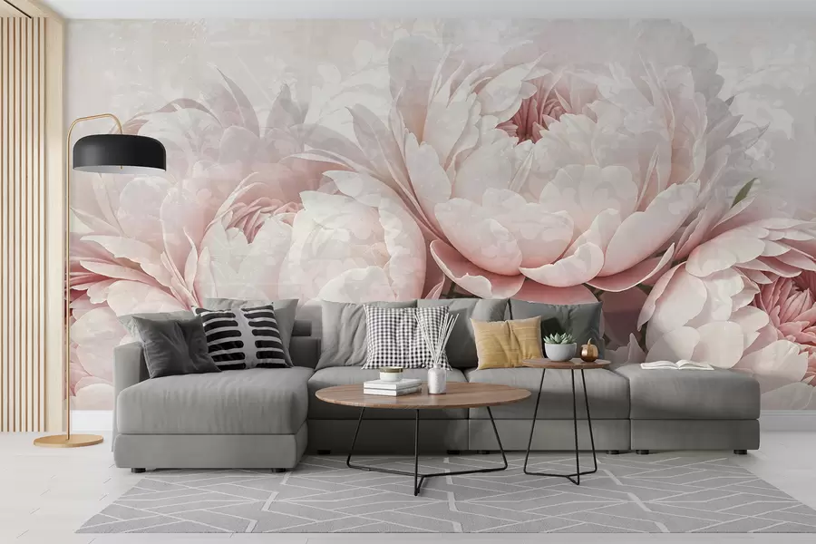 murales Peonías de color rosa suave con delicados pétalos sobre un fondo vintage de textura ligera w08312