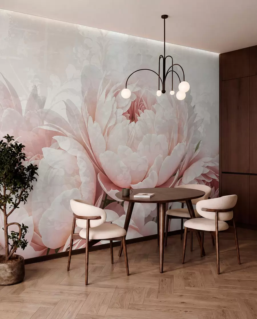 wall murals Soft pink peonies with delicate petals against a light textured vintage background w08312