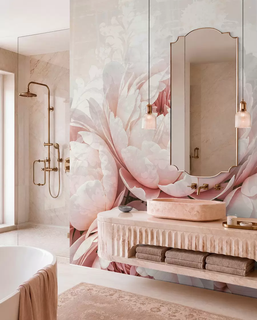 wall murals Soft pink peonies with delicate petals against a light textured vintage background w08312