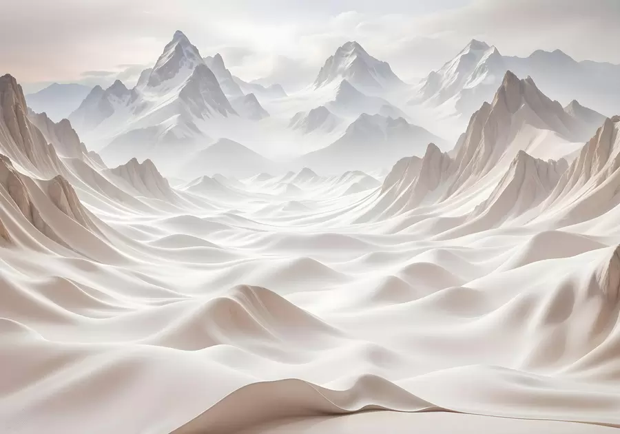 murales Picos montañosos nevados emergiendo de un paisaje brumoso y etéreo con suaves colinas y valles w08313