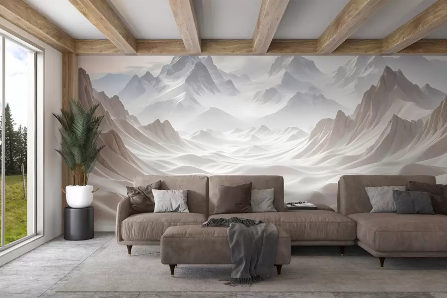 Wall Mural Photo Wallpaper Snowy mountain peaks emerging from a misty, ethereal landscape with rolling hills and valleys w08313