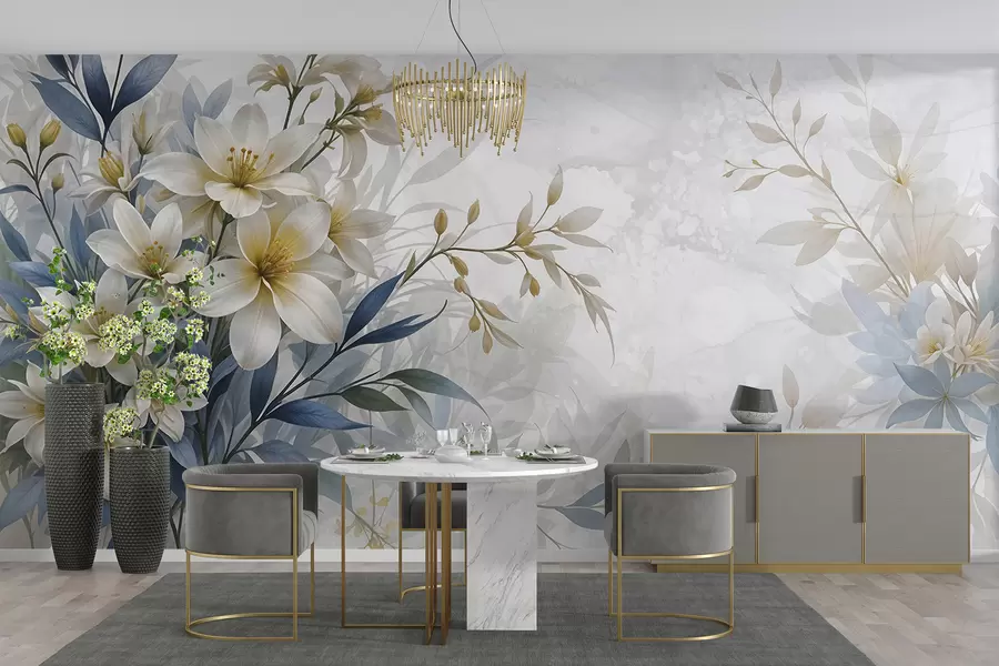 Wall Mural Photo Wallpaper White, beige and blue floral bouquet with delicate leaves on a soft, blurred background w08314