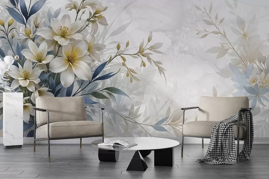 murales Ramo floral blanco, beige y azul con delicadas hojas sobre un fondo suave y difuminado w08314