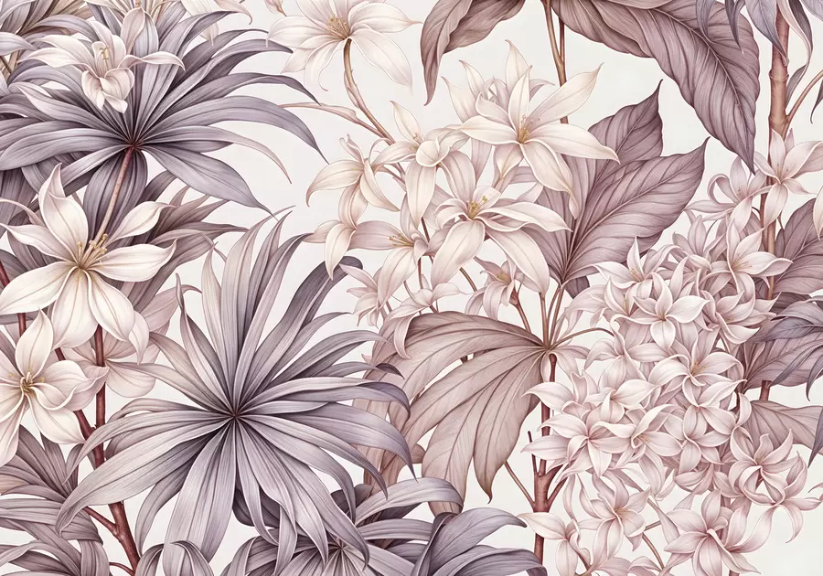 murales Estampado floral tropical con grandes flores blancas y rosa claro, hojas de bordo y fondo neutro w08318v1