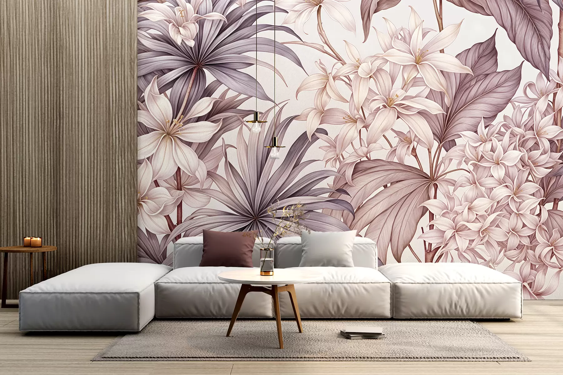 peintures murales Un imprimé floral tropical avec de grandes fleurs blanches et rose pâle, des feuilles de bordo et un fond neutre w08318v1