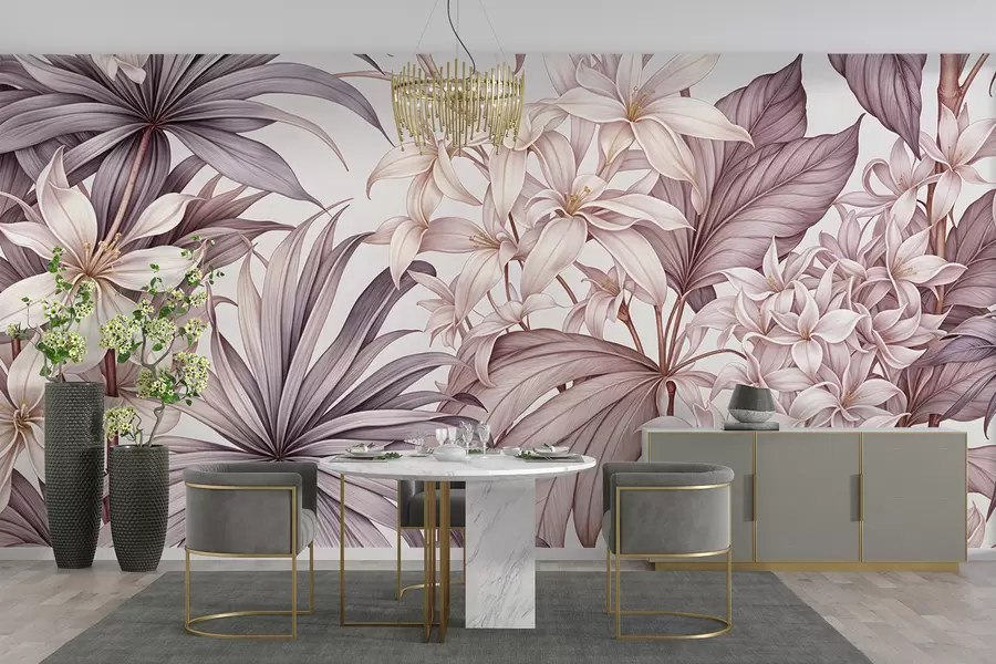 peintures murales Un imprimé floral tropical avec de grandes fleurs blanches et rose pâle, des feuilles de bordo et un fond neutre w08318v1