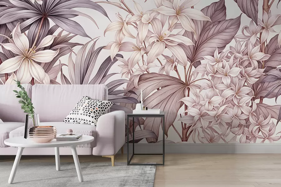 murais de parede Um estampado floral tropical com grandes flores brancas e cor-de-rosa claro, folhas bordo e um fundo neutro w08318v1