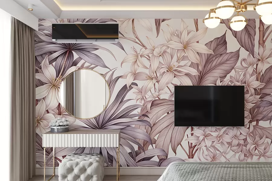 murales Estampado floral tropical con grandes flores blancas y rosa claro, hojas de bordo y fondo neutro w08318v1