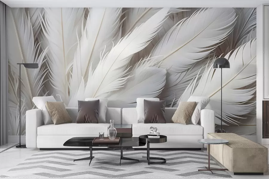 Wall Mural Photo Wallpaper Soft, fluffy white feathers with a delicate, wispy texture on a light background w08319