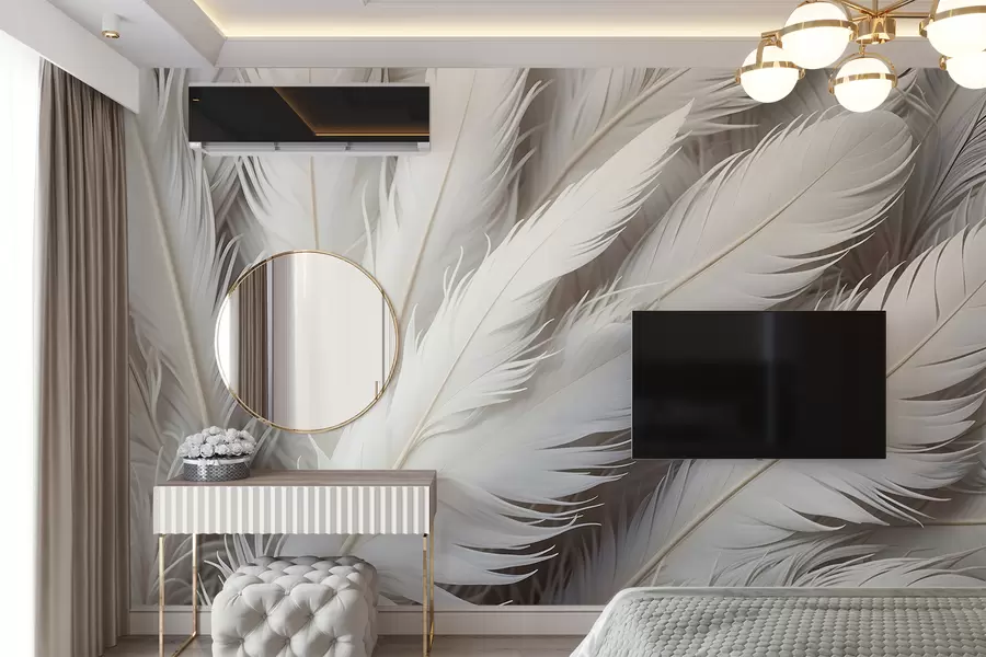 Wall Mural Photo Wallpaper Soft, fluffy white feathers with a delicate, wispy texture on a light background w08319