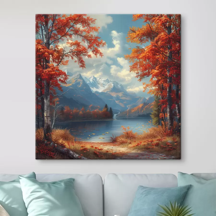 wall murals Autumn landscape against the backdrop of mountains near a pond s40903