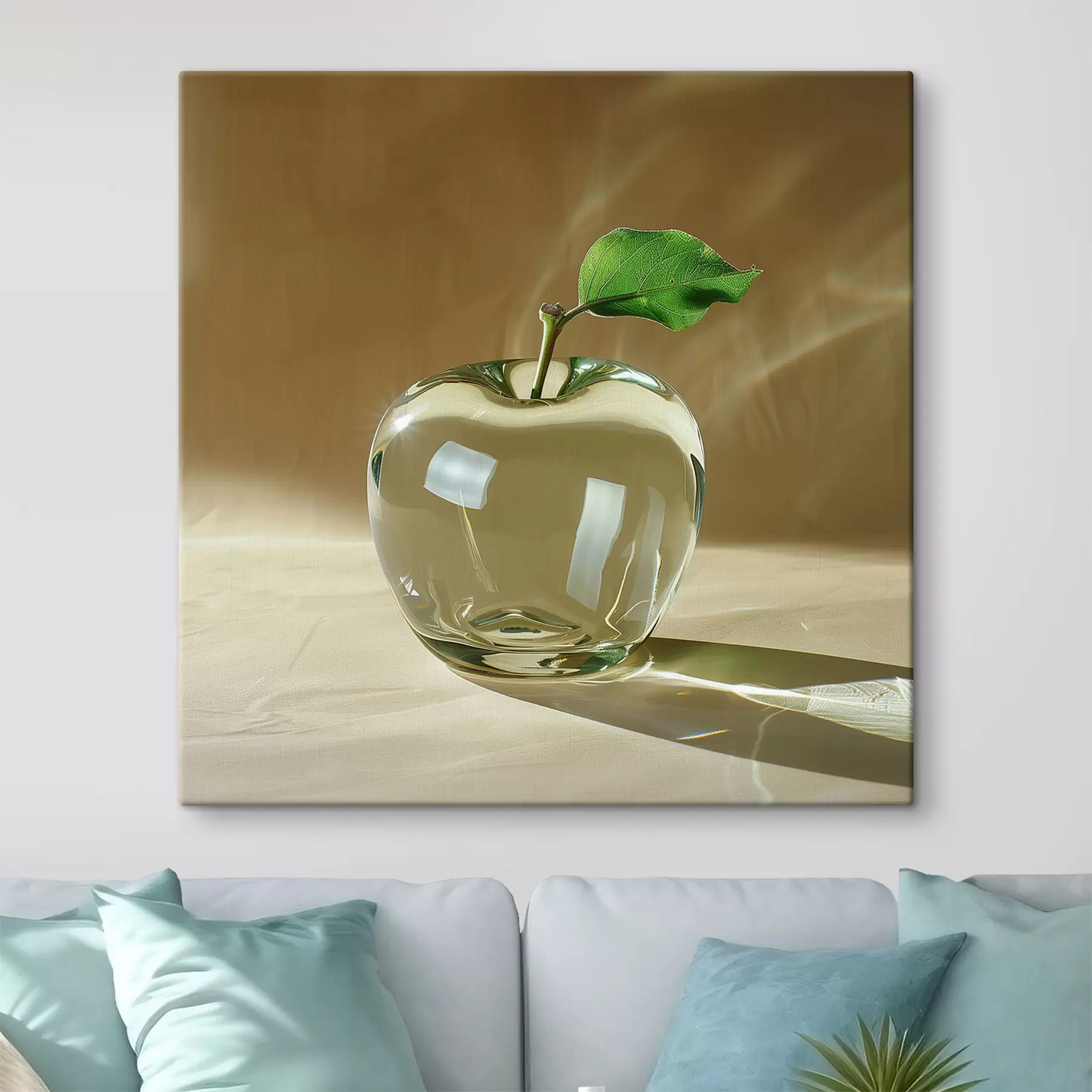 wall murals Transparent glass apple on a light background s40913