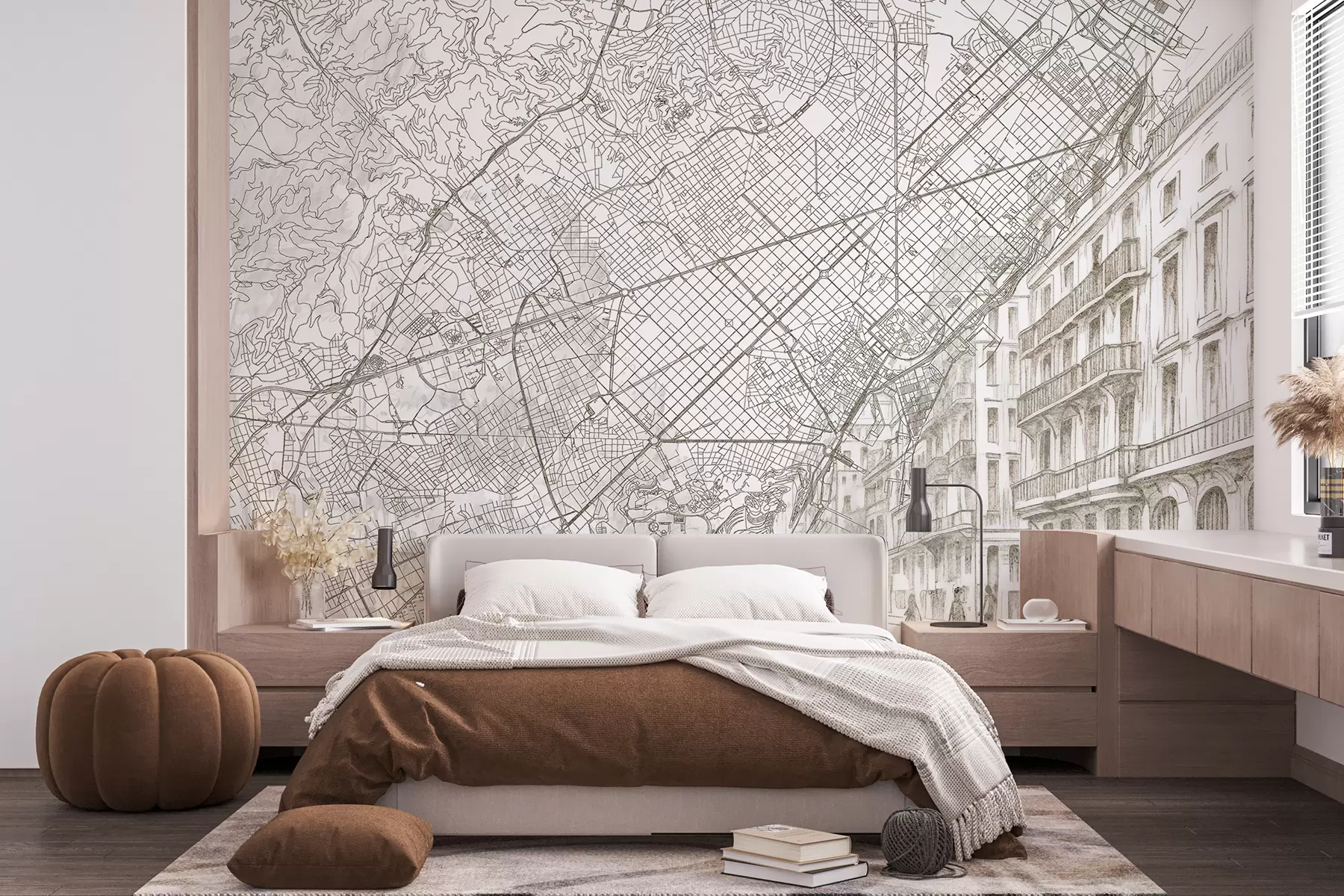 peintures murales Plan de la ville de Barcelone, dessin au trait, architecture, Espagne, couleurs beiges w01695