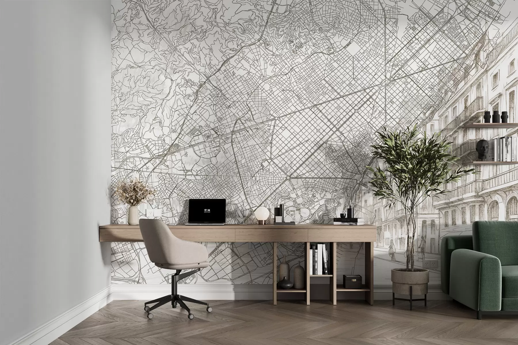 murales Mapa de la ciudad de Barcelona, dibujo lineal, arquitectura, España, colores beige w01695