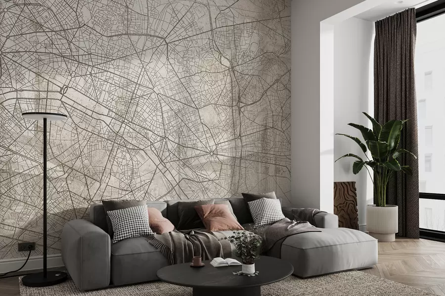Wall Mural Photo Wallpaper Paris city map, line drawing, architecture, France, beige colors w01697