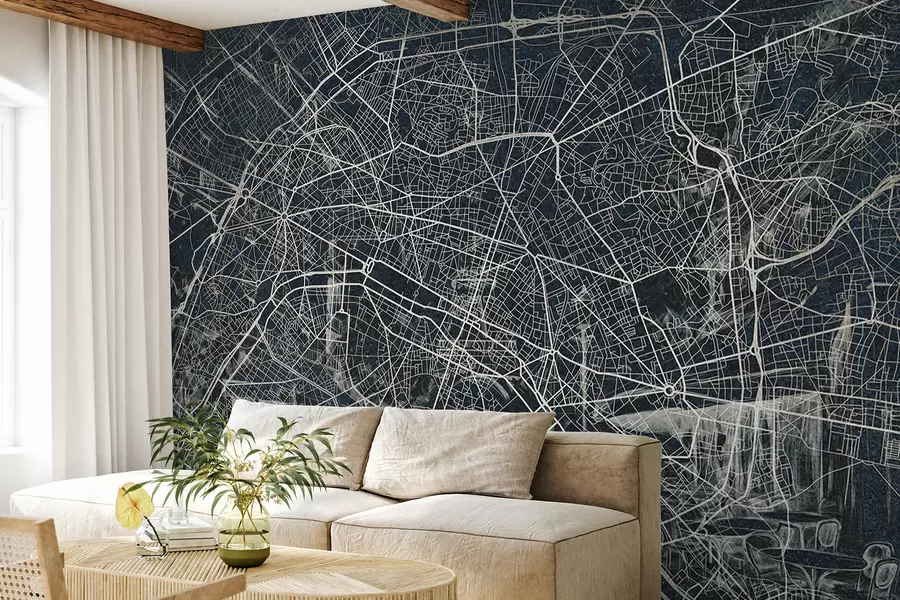peintures murales Plan de Paris, dessin au trait, architecture, France, couleurs foncées w01697v1