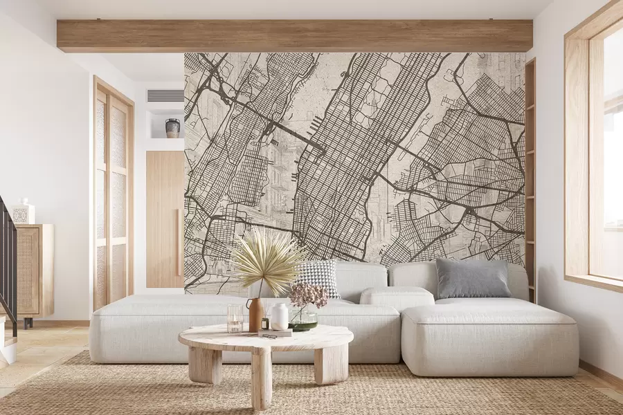Wall Mural Photo Wallpaper New York city map, line drawing, architecture, beige colors w01699
