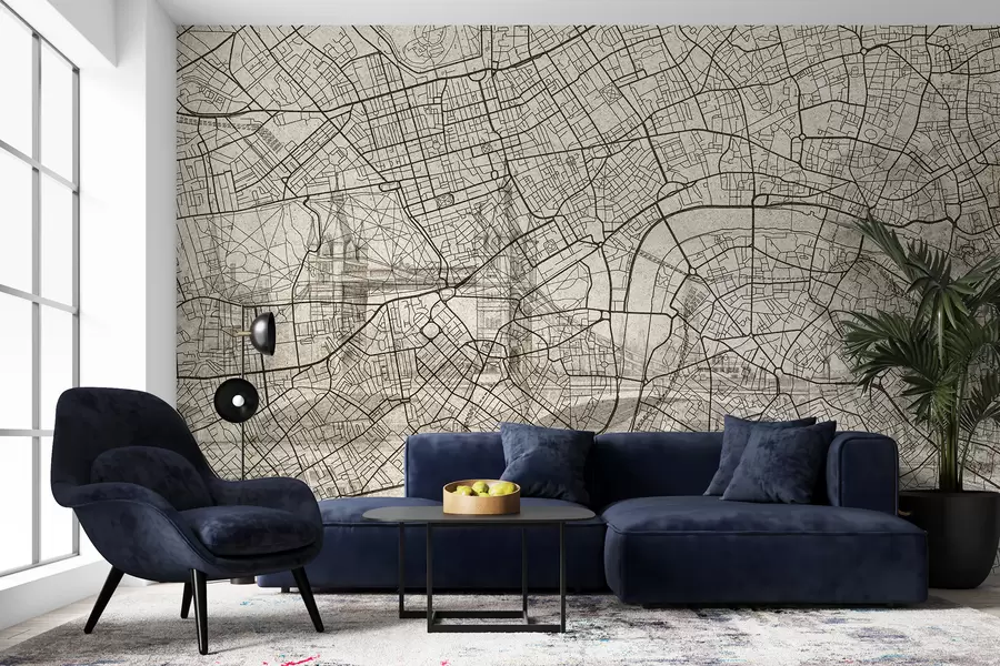 Wall Mural Photo Wallpaper London city map, line drawing, architecture, beige colors w01702