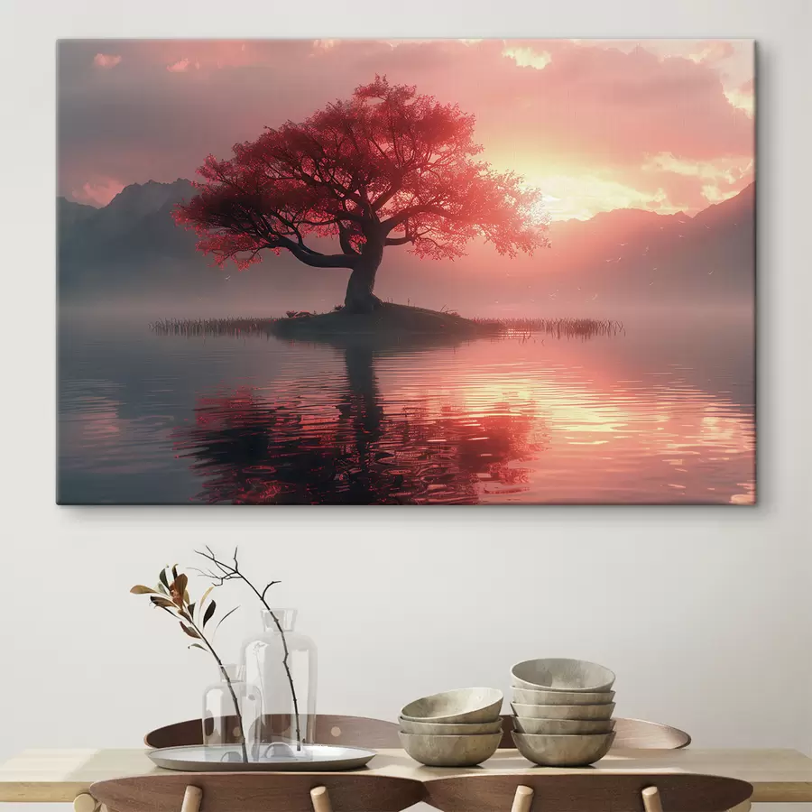 wall murals Tree by the pond at sunset s40934