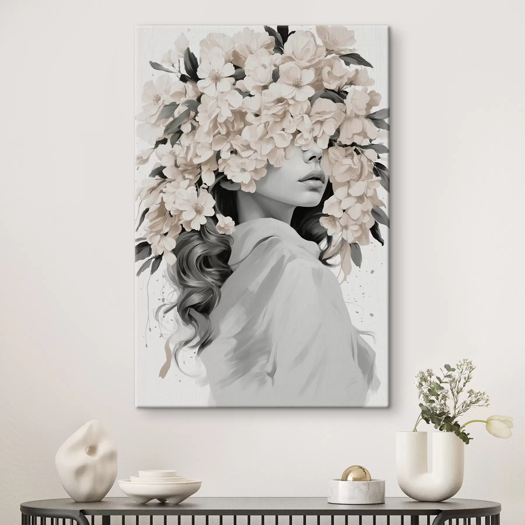 wall murals Girl with flowers on her face in black and white colors s40849