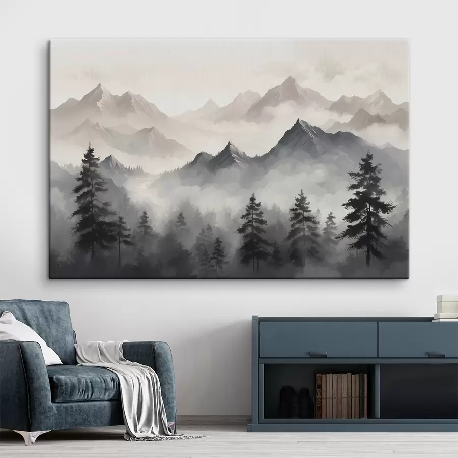wall murals Forest and mountains in fog s40866