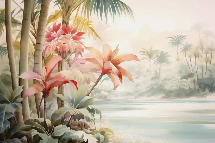 Wall Mural Photo Wallpaper Tropical forest by the river watercolor w01729