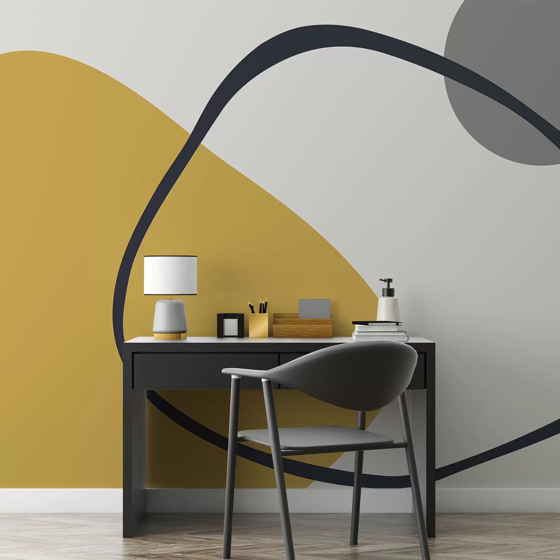 murales Formas geométricas amarillas y grises sobre fondo claro w01687