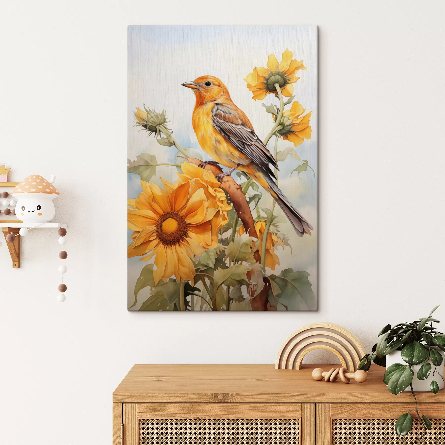 wall murals Yellow bird sitting on sunflower watercolor s41015