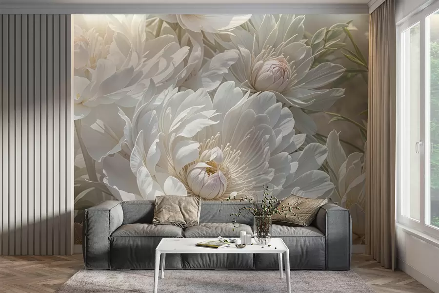 peintures murales Gros plan sur de grandes et délicates fleurs de pivoines blanches aux pétales doux et duveteux et au centre jaune pâle w08325