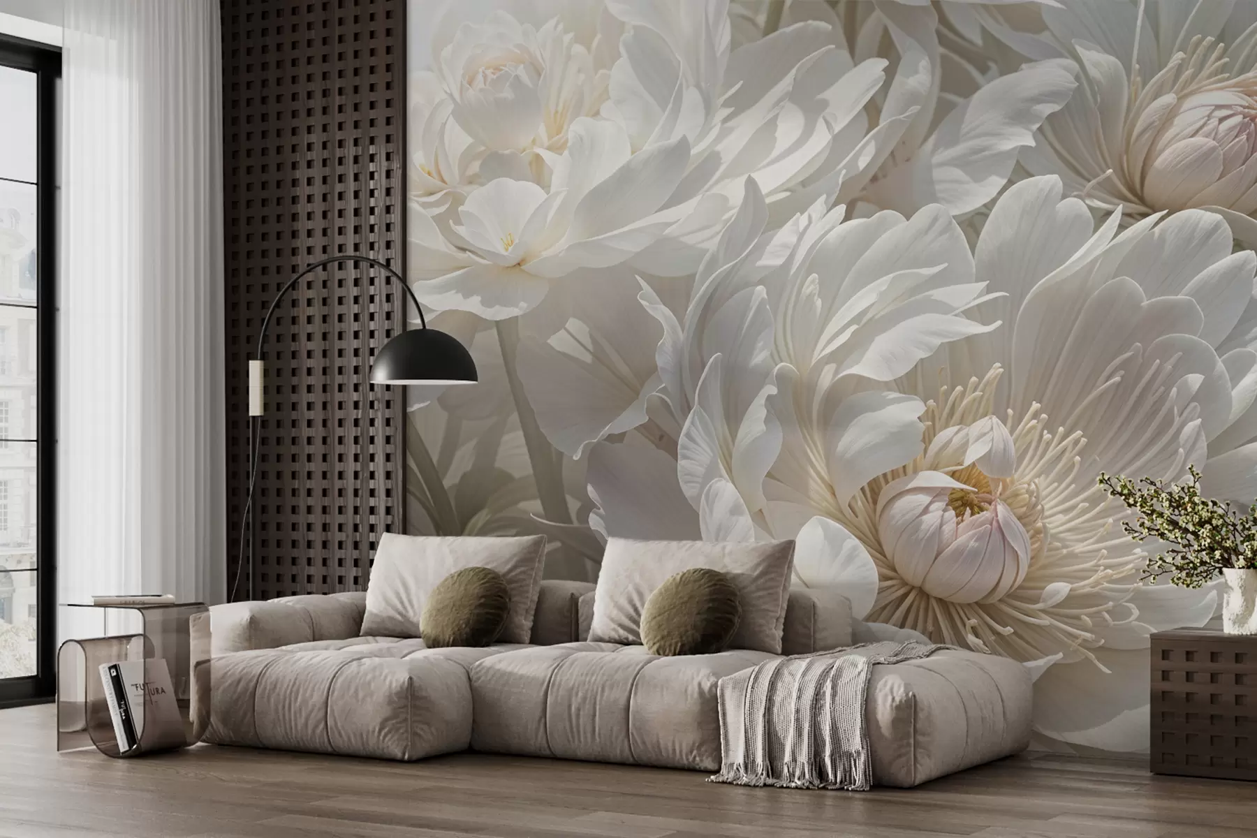 peintures murales Gros plan sur de grandes et délicates fleurs de pivoines blanches aux pétales doux et duveteux et au centre jaune pâle w08325