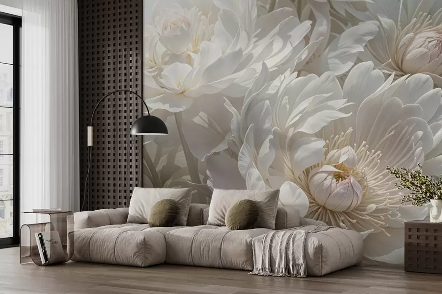 Wall Mural Photo Wallpaper A close-up of large, delicate white peony flowers with soft, fluffy petals and pale yellow centers  w08325