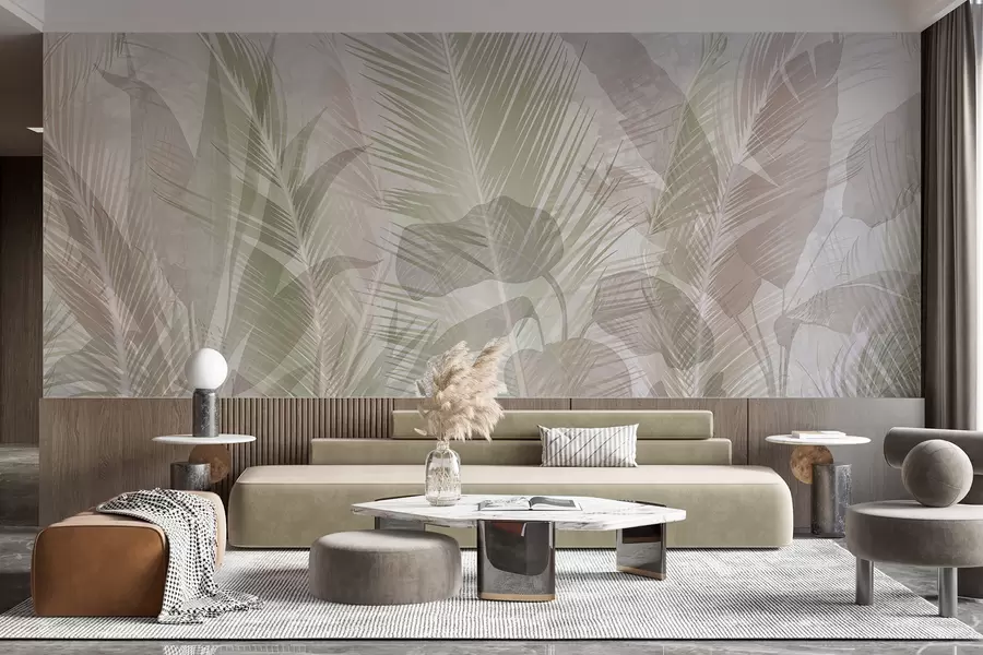 murais de parede Folhas de palmeiras tropicais em tons pastel suaves, com um fundo texturado esbatido e enevoado w08326