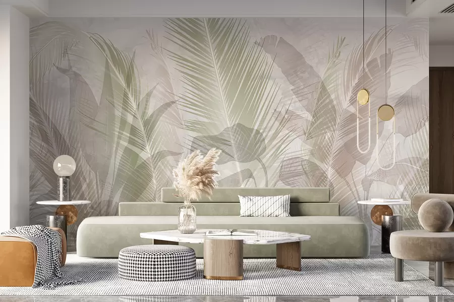 murales Hojas de palmera tropical en suaves colores pastel, con un fondo de textura borrosa y nebulosa w08326