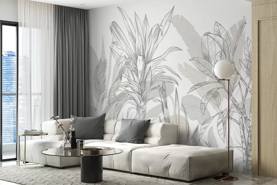 Wall Mural Photo Wallpaper A tropical graphic plants with large, lush leaves and flowers in shades of gray and white with floral green silhouettes  w08327