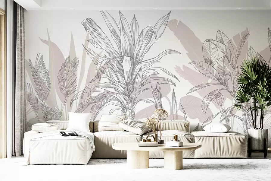 murais de parede Plantas gráficas tropicais com folhas grandes e exuberantes e flores em tons de cinzento e branco com silhuetas florais cor-de-rosa  w08327v1