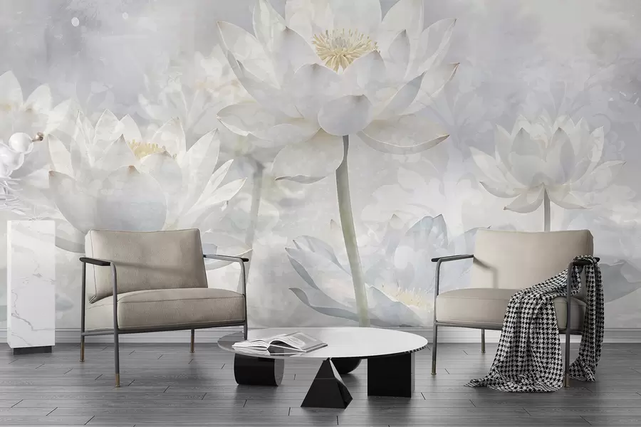 Wall Mural Photo Wallpaper White lotus flowers in a misty, ethereal abstract pastel landscape background w08328
