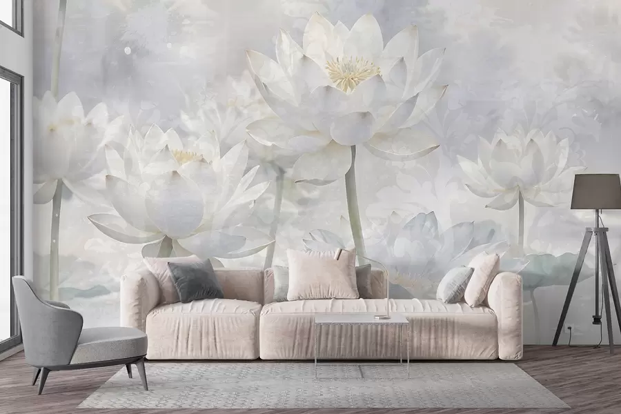 murales Flores de loto blancas en un etéreo fondo de paisaje abstracto en colores pastel w08328