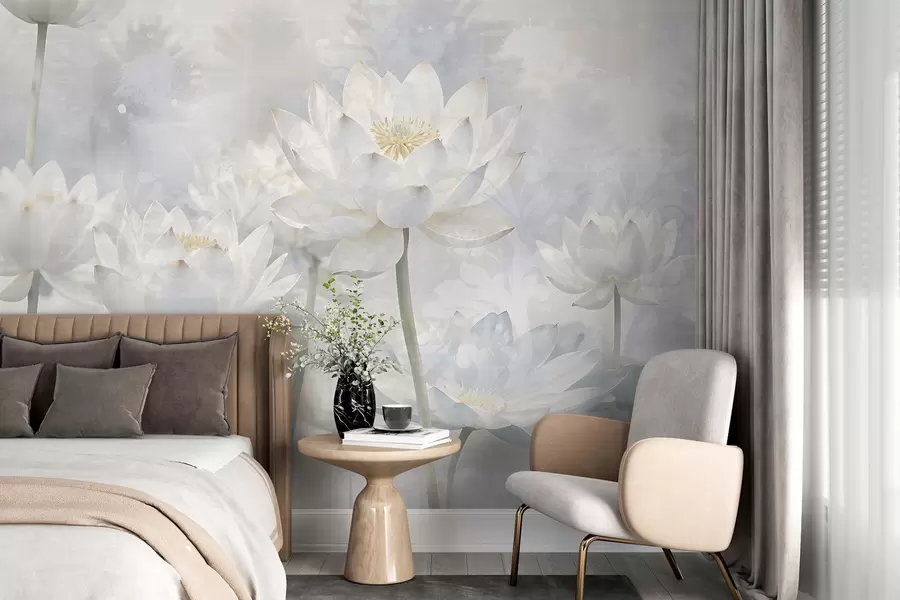 Wall Mural Photo Wallpaper White lotus flowers in a misty, ethereal abstract pastel landscape background w08328